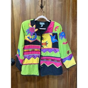 Indigo Moon Vintage Colorful Patchwork Embroidered Jacket Button Front Women's M